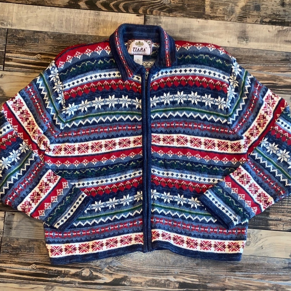 Vintage Tiara International Festive Multicolor Fair Isle Knit Jacket Sweater